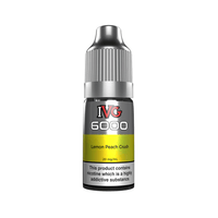 IVG 6000 Lemon Peach Crush 10ml nic salt bottle with a warning label.