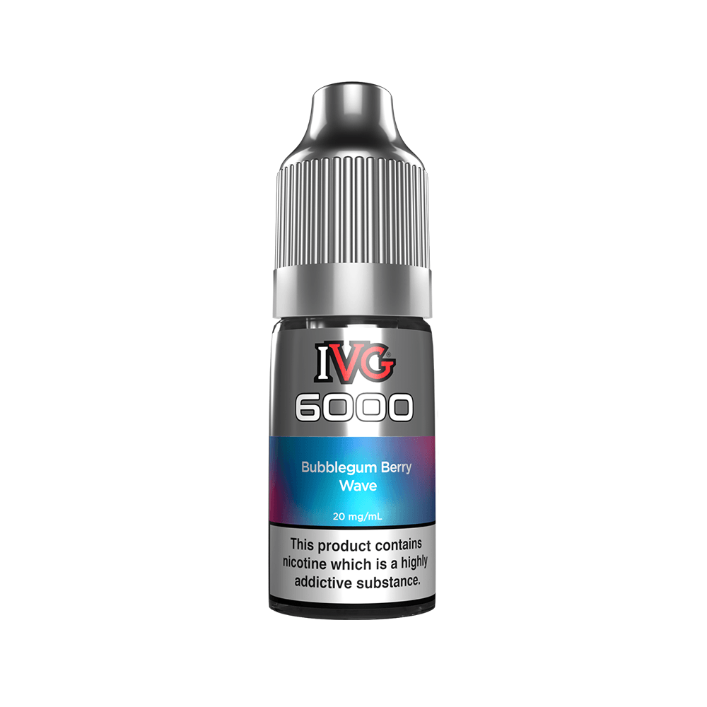 IVG 6000 Bubblegum Berry Wave 10ml nic salt bottle, 20mg/ml, with health warning label.