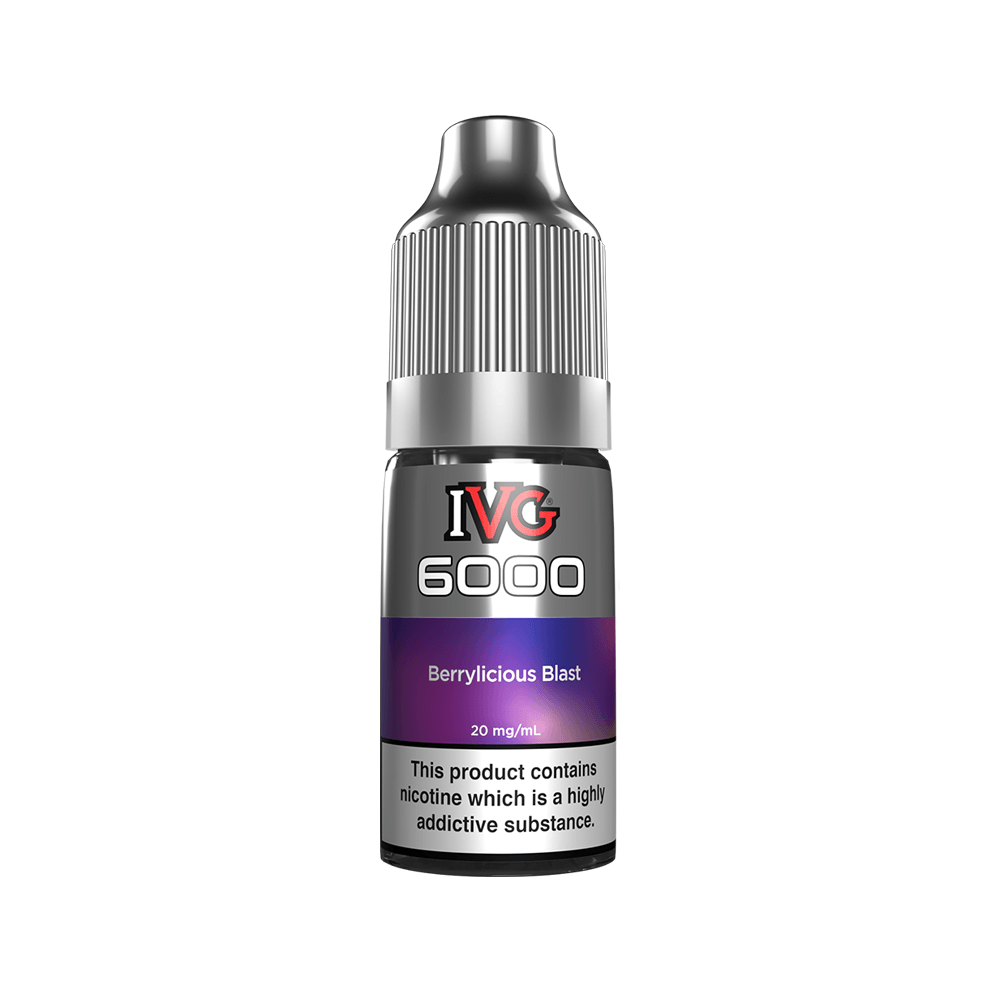 IVG 6000 Berrylicious Blast 10ml nic salt bottle with warning label.