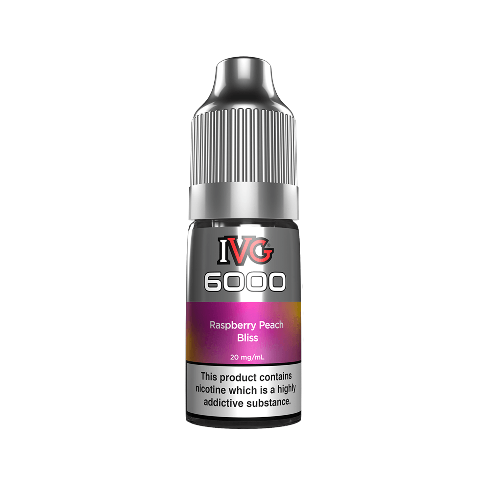 IVG 6000 Raspberry Peach Bliss 10ml nic salt bottle with warning label.