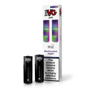IVG Air Blackcurrant Apple vape pods packaging with two pods displayed.
