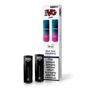 IVG Air Blue Sour Raspberry vape pods, 20mg, 2ml, with packaging displaying a nicotine warning.