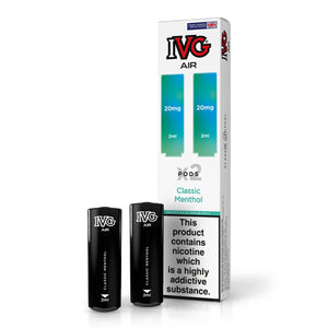 IVG Air Classic Menthol vape pods, two black pods with packaging, 20mg nicotine strength.