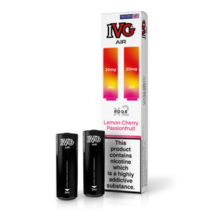 IVG Air prefilled vape pods, Lemon Cherry Passionfruit flavour, with packaging and two pods.