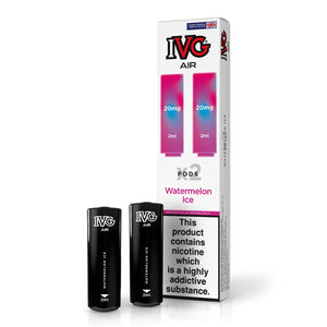 IVG Air Watermelon Ice vape pods, 20mg nicotine, with packaging and two pods displayed.