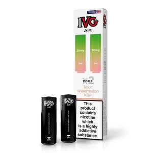 IVG Air prefilled vape pods, Sour Watermelon Kiwi flavour, with packaging and two pods.