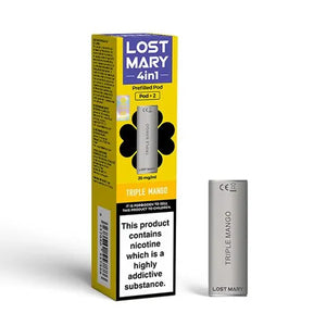 Lost Mary 4in1 Triple Mango prefilled pod with packaging, 20mg nicotine strength.