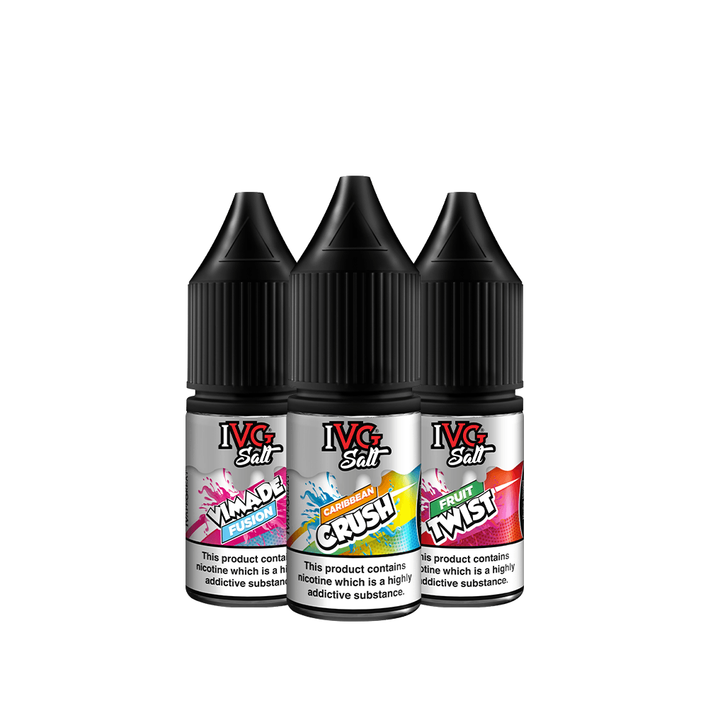 Three IVG Salt e-liquid bottles in fruity flavours: Rainbow, Caribbean Crush, and Berry Twist.