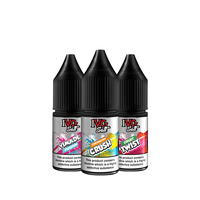 Three IVG Salt e-liquid bottles in fruity flavours: Rainbow, Caribbean Crush, and Berry Twist.