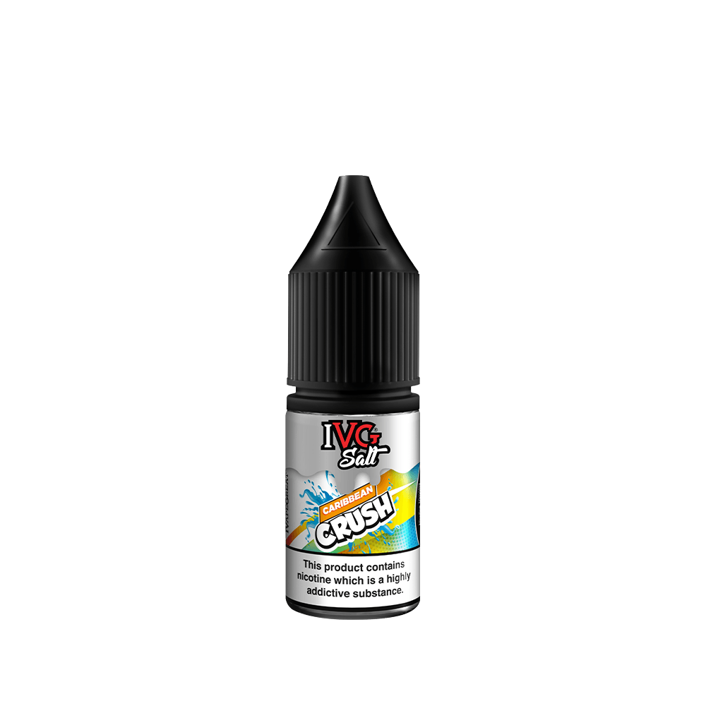 IVG Caribbean Crush vape juice bottle with nicotine warning, UK.