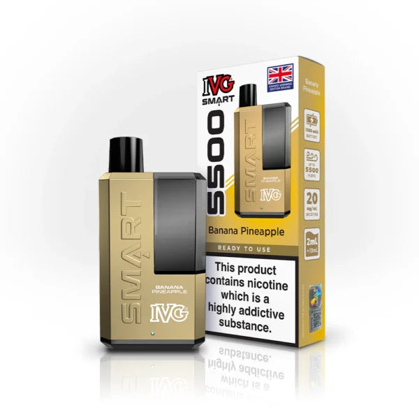 IVG Smart 5500 disposable vape kit in Banana Pineapple flavour, with packaging.