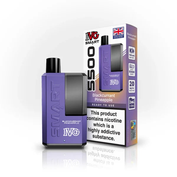 IVG Smart 5500 disposable vape kit in Blackcurrant Pineapple flavour, with packaging.