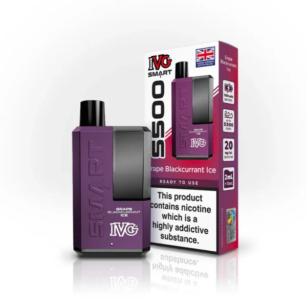 IVG Smart 5500 disposable vape kit in Grape Blackcurrant ice flavour, with packaging.