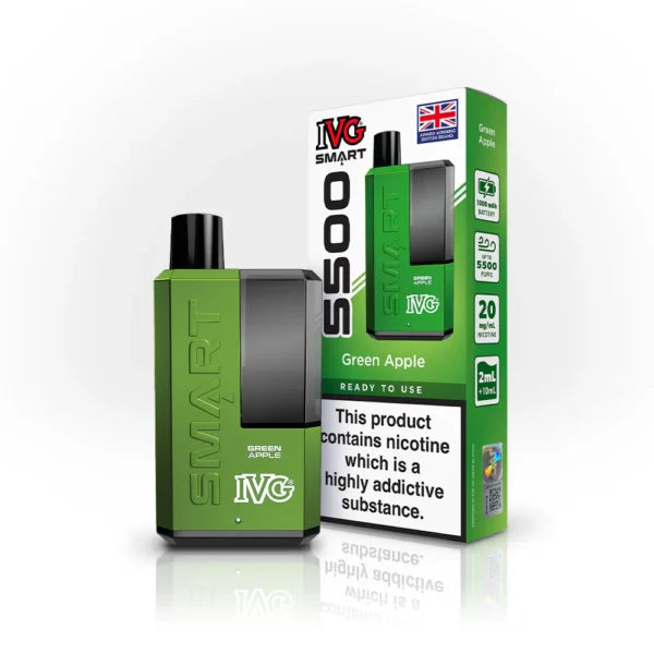 IVG Smart 5500 disposable vape kit in Green Apple flavour, with packaging.