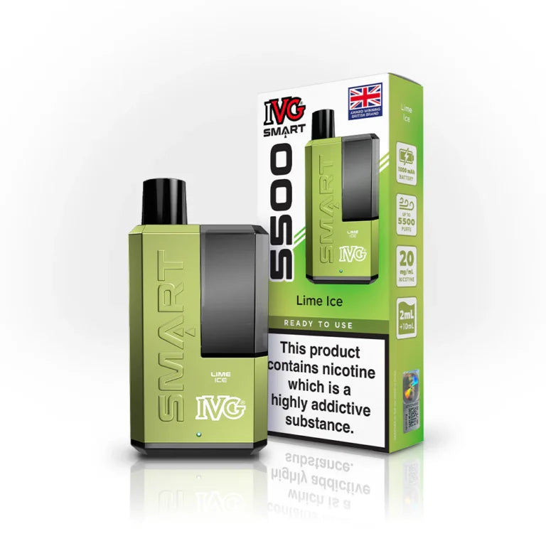 IVG Smart 5500 disposable vape kit in Lime Ice flavour, with packaging.