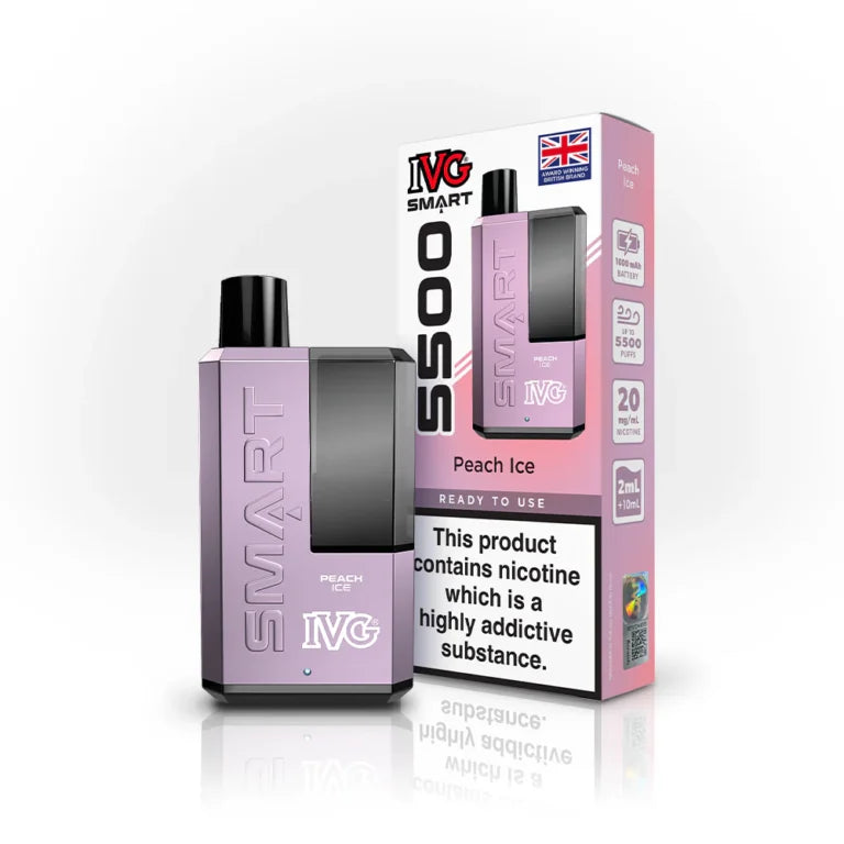 IVG Smart 5500 disposable vape kit in Peach Ice flavour, with packaging.