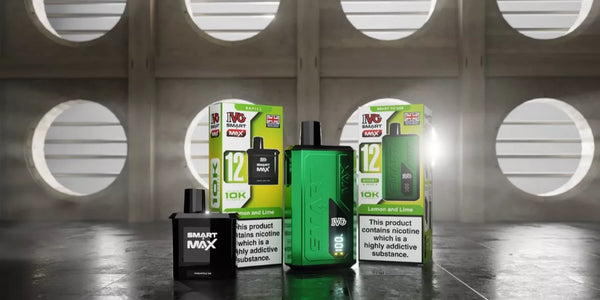 IVG Smart Max 10K vape kit shown next to the auto-feed 12ml refill container in Blue Raspberry Ice