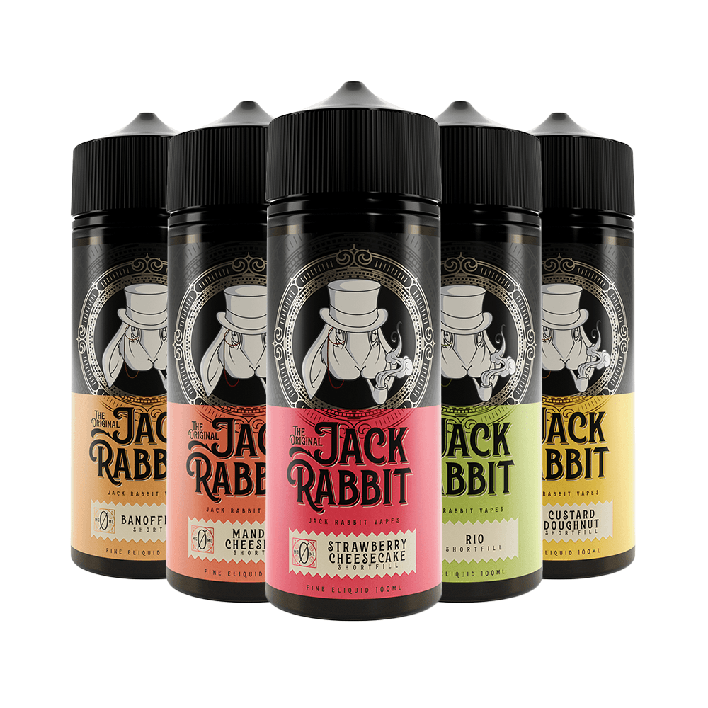 Five Jack Rabbit e-liquid bottles in various flavours, including Strawberry Cheesecake and Banoffee Pie.