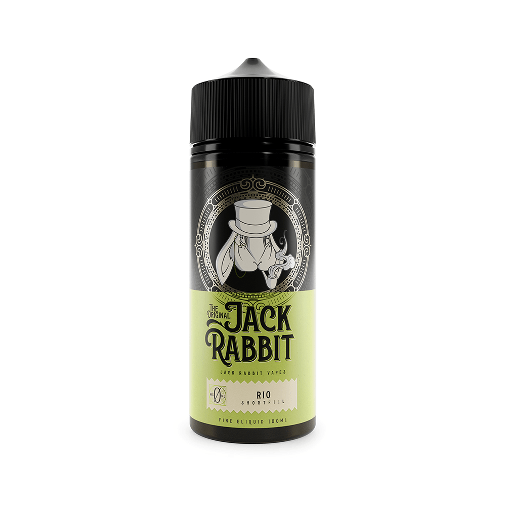 Jack Rabbit Rio 100ml shortfill vape juice bottle with a distinctive logo on a white background.