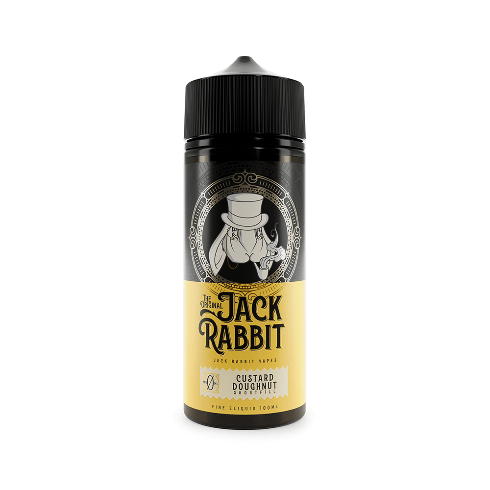 Jack Rabbit Custard Doughnut vape juice bottle, 100ml shortfill, black and yellow design.