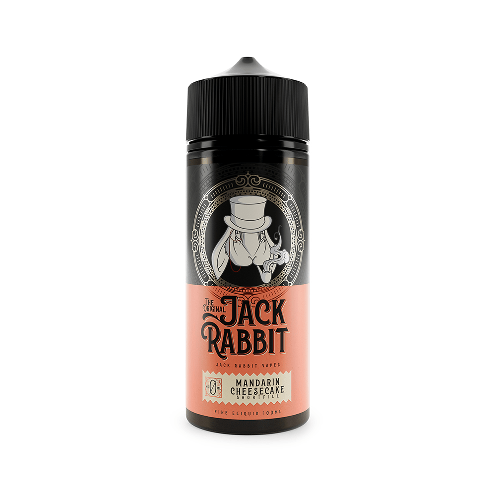 Jack Rabbit Mandarin Cheesecake 100ml shortfill e-liquid bottle with black cap.