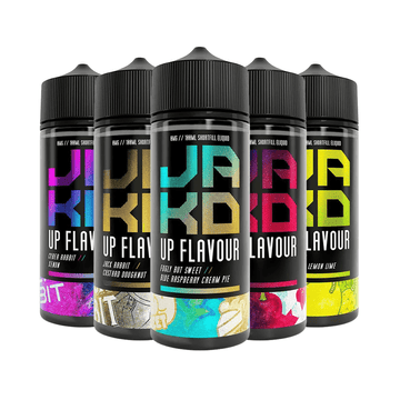 Five JAK'D Up Flavour e-liquid bottles in various flavours, including Blue Raspberry and Lemon Lime.