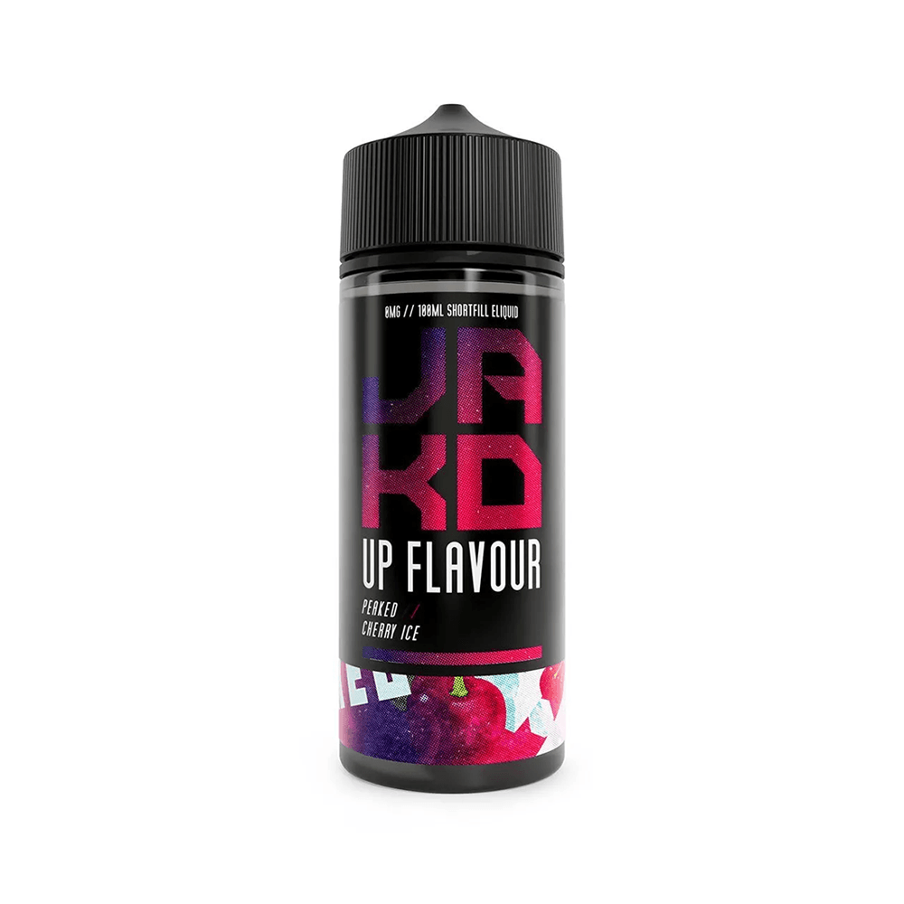 JAK'D Up Flavour, 100ml shortfill e-liquid, peach and cherry ice, black bottle.