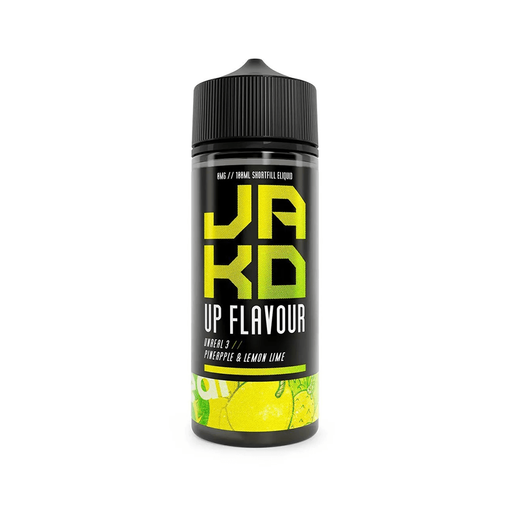 JAK'D 100ml shortfill bottle with pineapple, lemon, and lime graphics on the label.