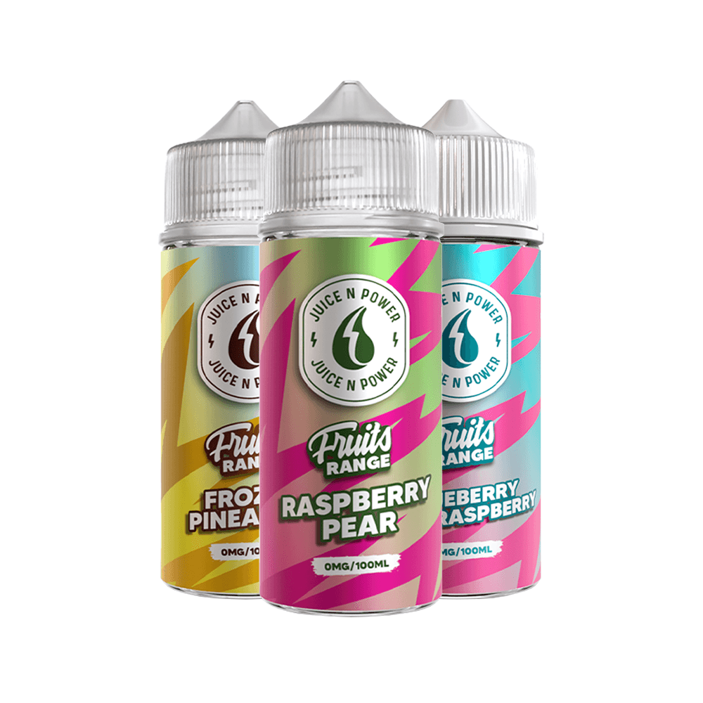 Three Juice N Power Fruits Range e-liquid bottles: Frozen Pineapple, Raspberry Pear, Blueberry Raspberry.