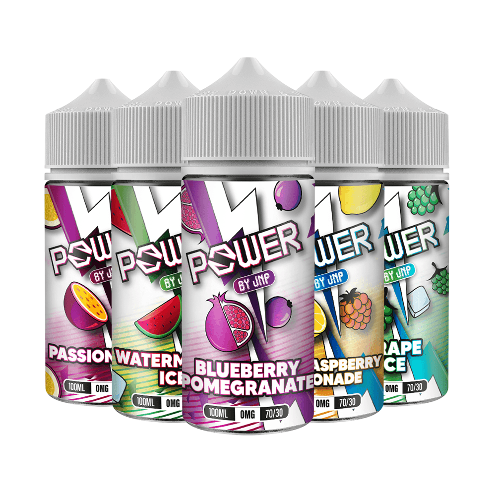 Five JNP Power 100ml shortfill e-liquid bottles, flavours include Passionfruit and Blueberry.