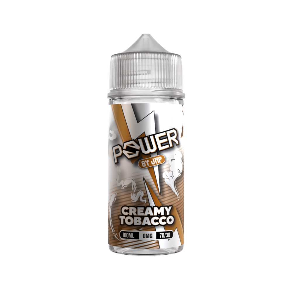 Power by JNP Creamy Tobacco vape juice, 100ml bottle, 0mg nicotine, 70/30 VG/PG ratio.