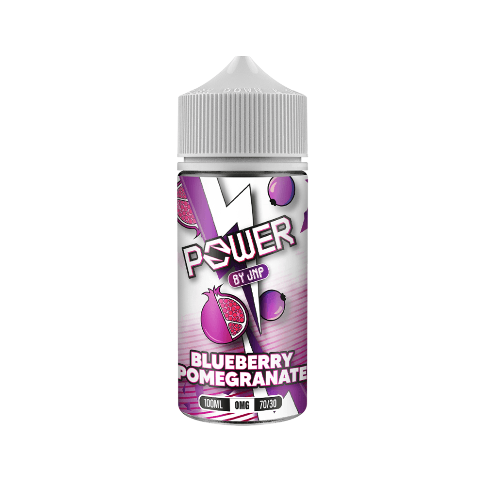 Vape juice bottle, blueberry pomegranate flavour, 100ml, 0mg nicotine.