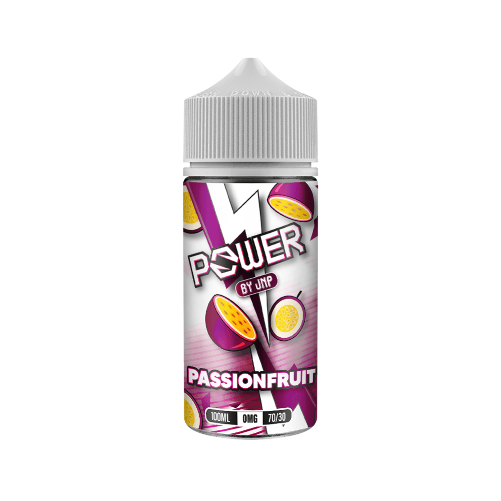 JNP Power Passionfruit vape juice bottle, 100ml, 0mg, 70/30 VG/PG.