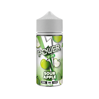 JNP Power Sour Apple vape juice, 100ml bottle, 0mg nicotine, green apple design.