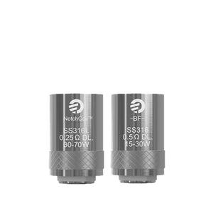 Two Joyetech NotchCoil SS316L vape coils, marked 0.25Ω and 0.5Ω, on a grey background.
