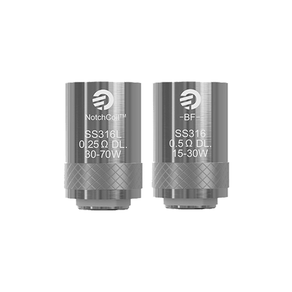 Two Joyetech NotchCoil SS316L vape coils, marked 0.25Ω and 0.5Ω, on a grey background.