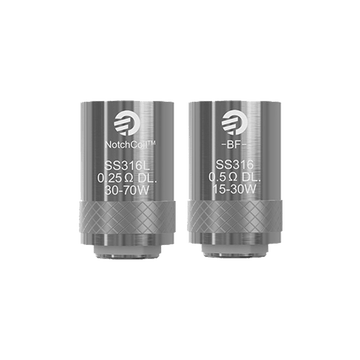 Two Joyetech NotchCoil SS316L vape coils, marked 0.25Ω and 0.5Ω, on a grey background.