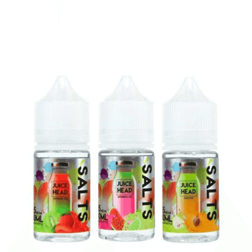 Three Juice Head Salts bottles with colourful fruit labels on a white background.