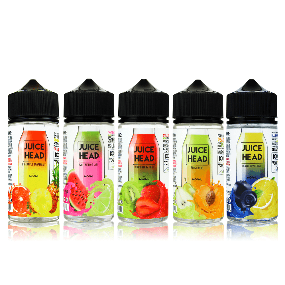 Juice Head vape liquids in five fruit flavours, 100ml bottles.