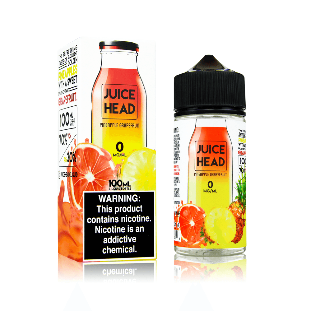 Juice Head Pineapple Grapefruit vape juice bottle and box, 100ml, with nicotine warning.