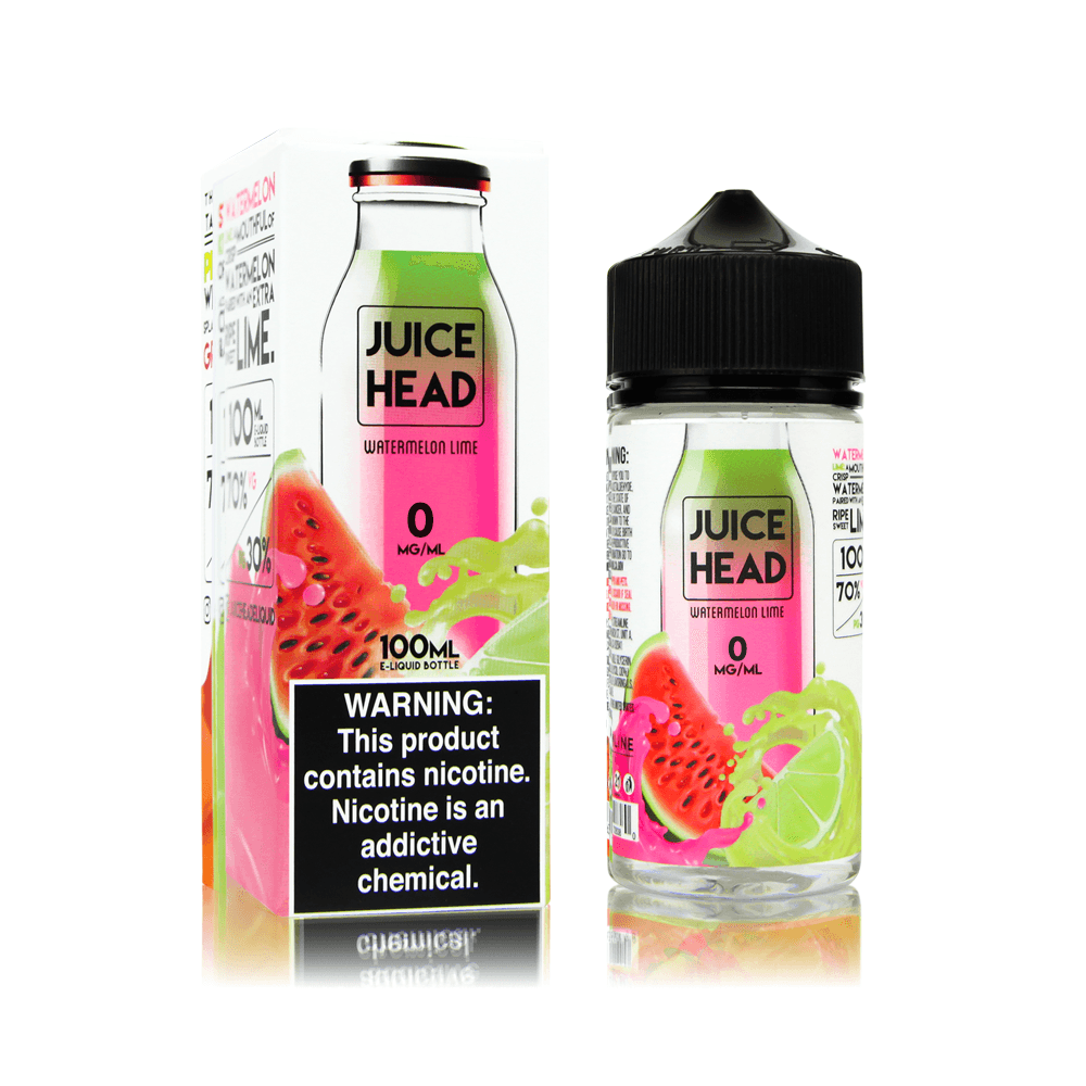 Juice Head Watermelon Lime vape juice bottle and packaging, 100ml, 0mg nicotine.