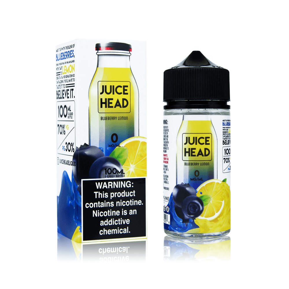 Juice Head Blueberry Lemon vape juice bottle and box with warning label.