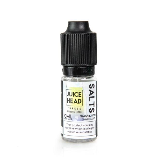 Juice Head Freeze 10ml Salts bottle with blueberry lemon label and black cap.