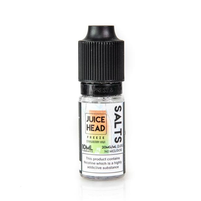 E-liquid bottle of Juice Head Freeze Salts, Strawberry Kiwi flavour, 10ml, 20mg nicotine.