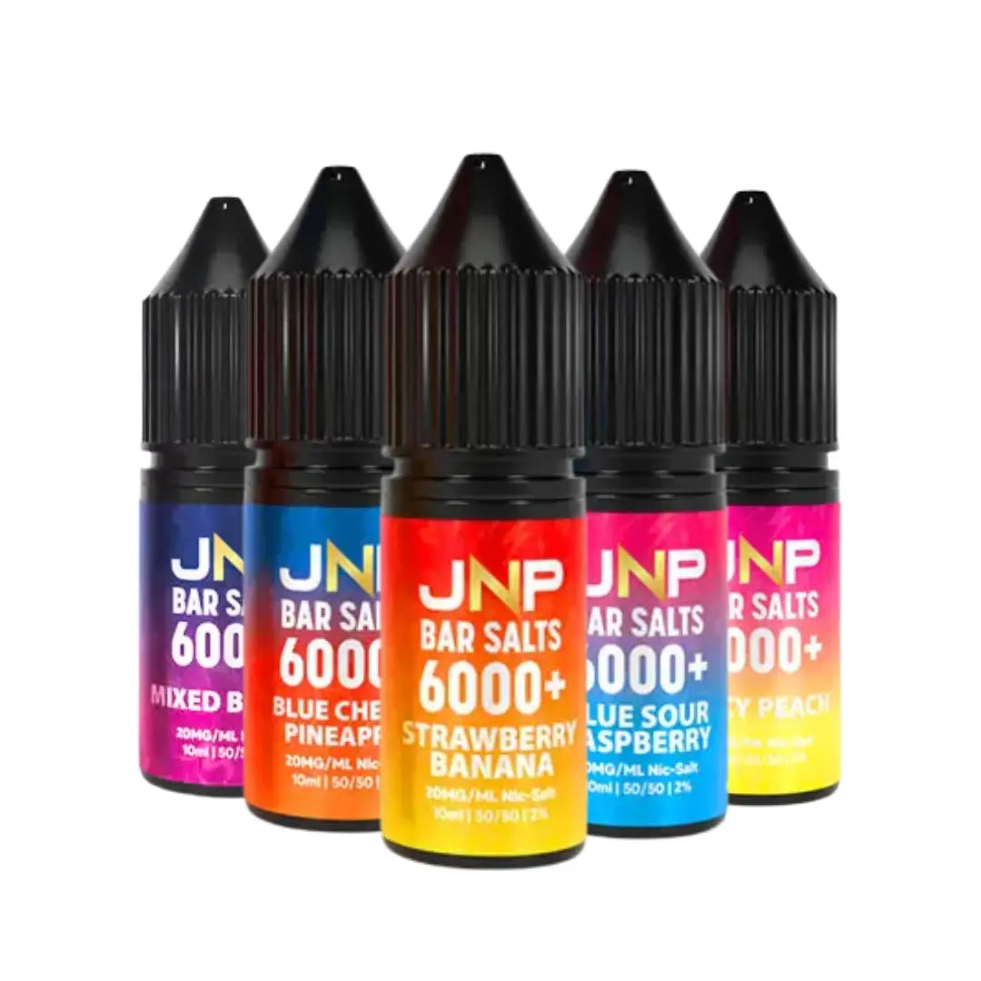 Five JNP Bar Salts 6000+ bottles in assorted flavours, including Strawberry Banana and Blue Cherry.