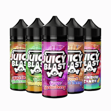 Five bottles of Juicy Blast e-liquid by Fantasi in various fruit flavours.