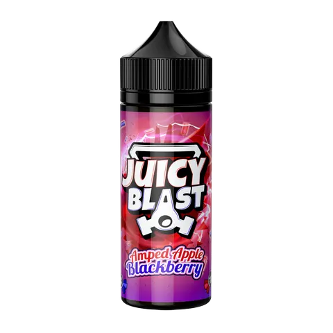 Juicy Blast Amped Apple Blackberry 100ml e-liquid bottle with vibrant purple and red label.