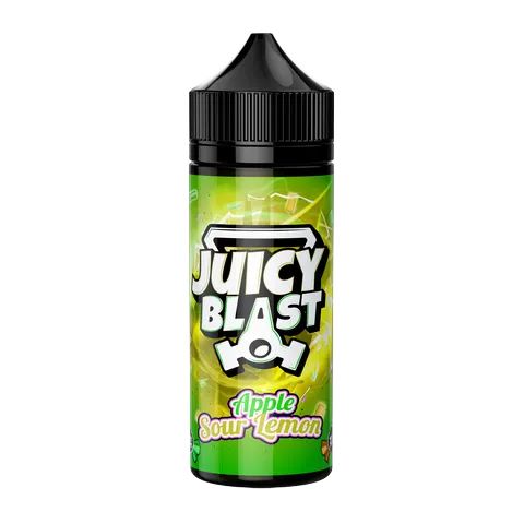 Juicy Blast Apple Sour Lemon vape juice bottle with green label, 100ml size.