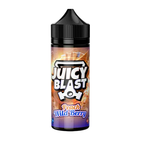 Juicy Blast Peach Wild Berry e-liquid bottle, 100ml, with vibrant fruity graphics.