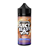 Juicy Blast Peach Wild Berry e-liquid bottle, 100ml, with vibrant fruity graphics.